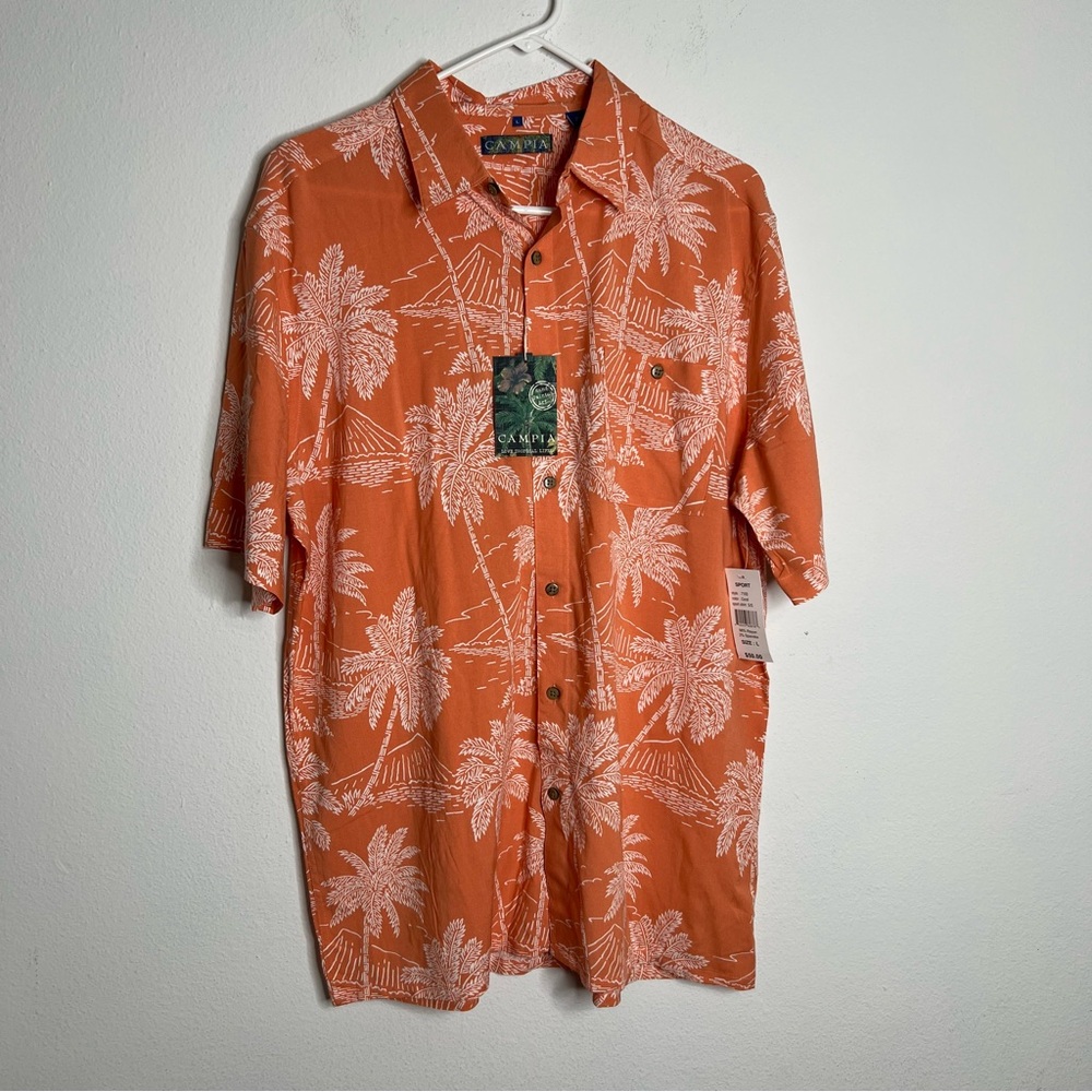 Campia Hawaiian  Men's Shirt  Orange Coral Short Sleeve Button Down Size L